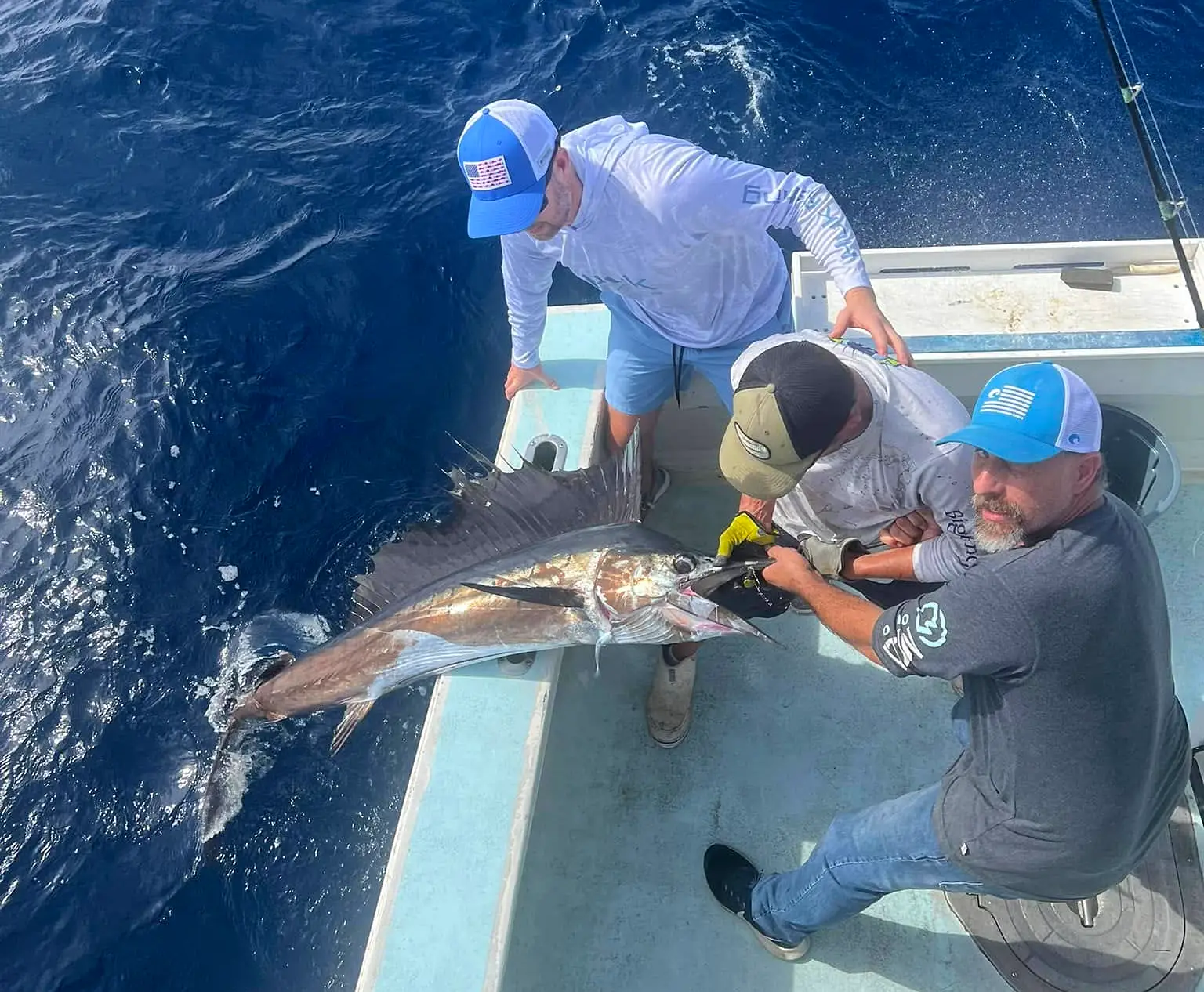 Anglers gaffing a sailfish beside a boat in deep blue offshore water