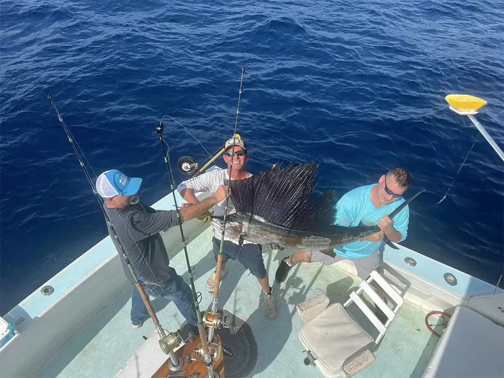 Crew members lifting a sailfish onto the deck of an offshore fishing boat