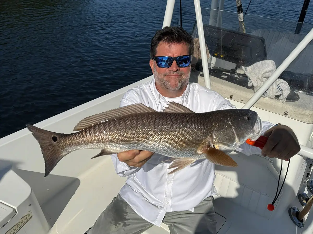 man holding a redfish on a boat in bright daylight