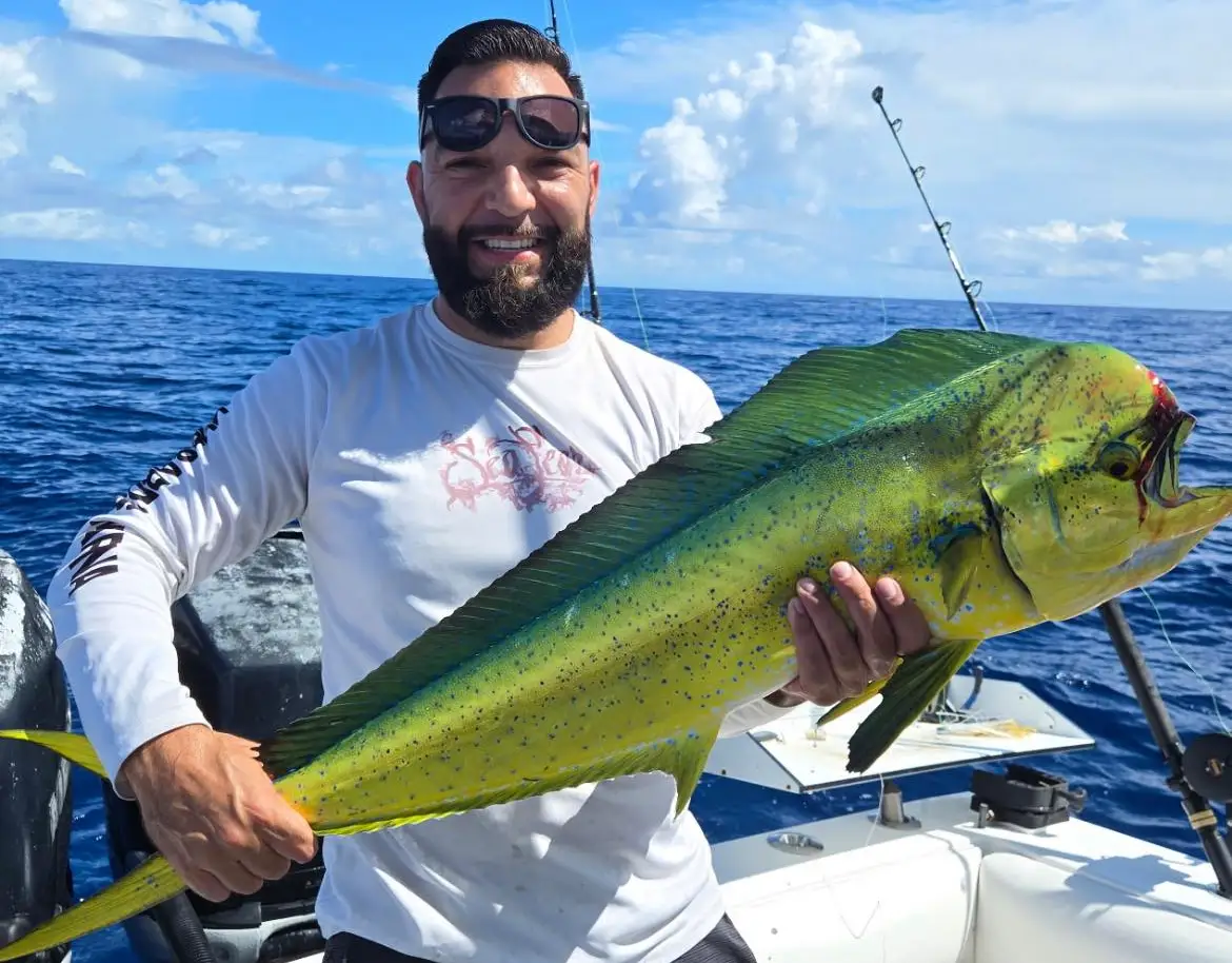 Angler holding a mahi mahi on an offshore fishing boat near Summerland Florida